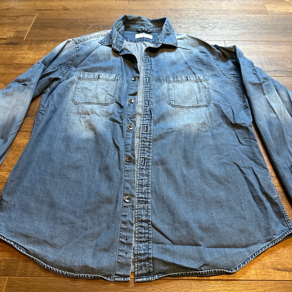 Express Blue Denim Casual Button Down Shirt - Picture 2 of 6